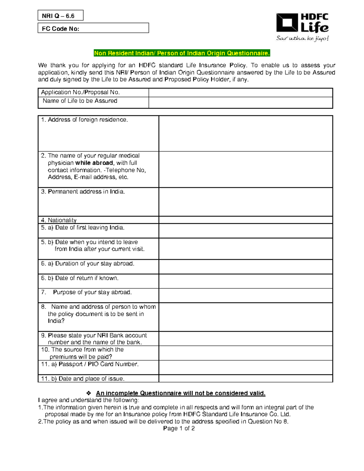 NRI Questionnaire for HDFC Life Insurance Application - Studocu