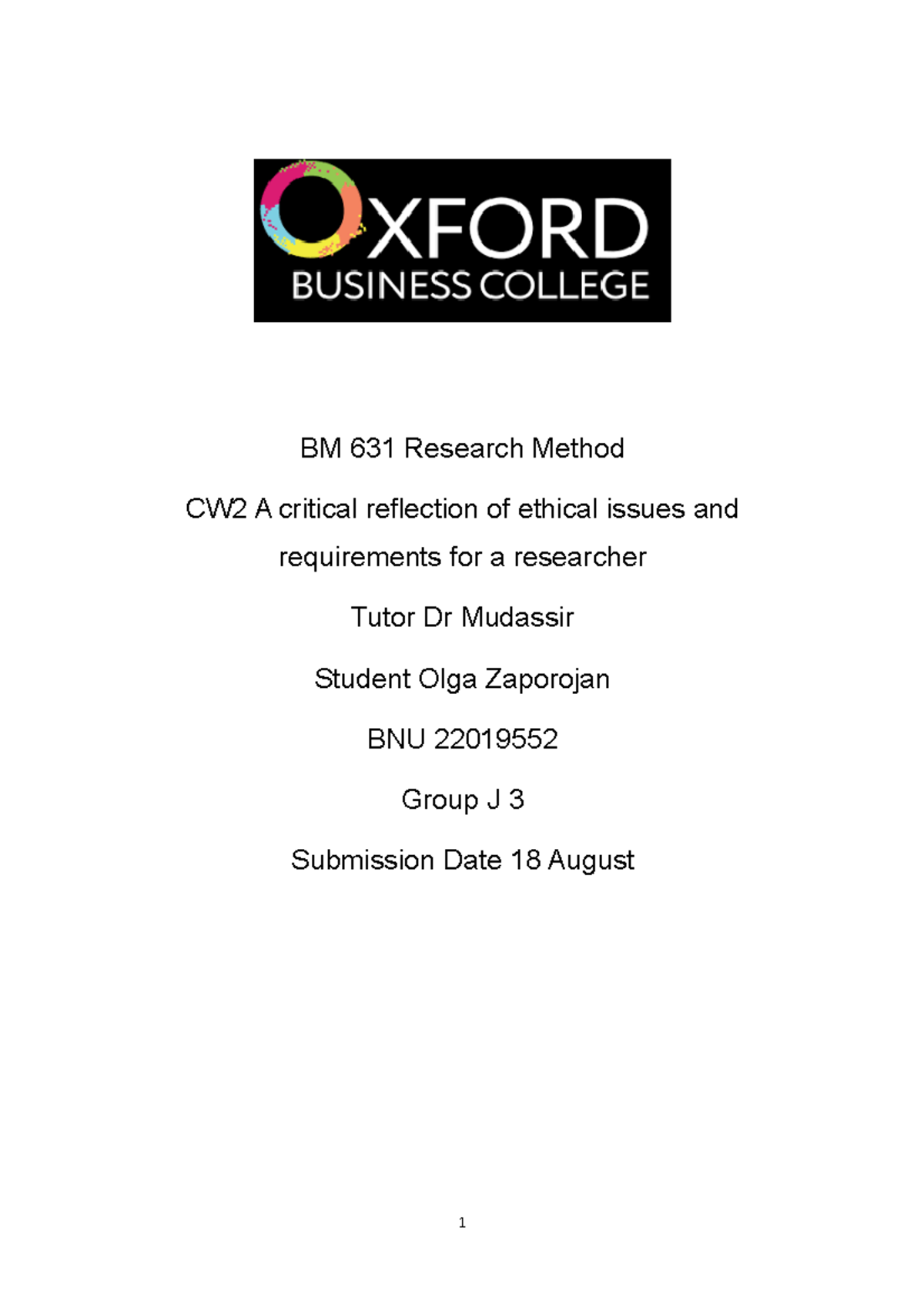 BM 631 CW2 - Critical Reflection on Ethical Research Issues - Studocu