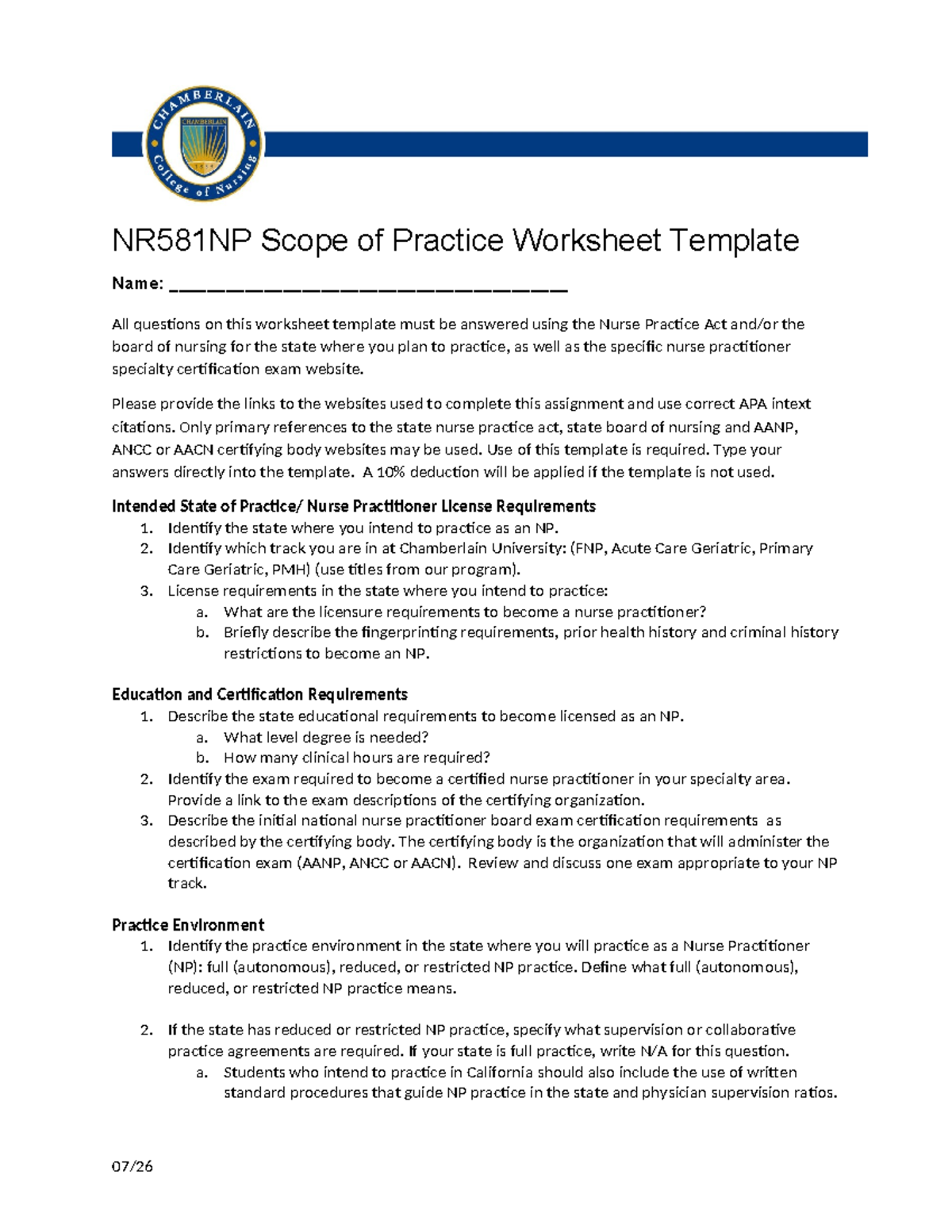 NR581NP Week 2 NP Scope of Practice Worksheet Template - Studocu