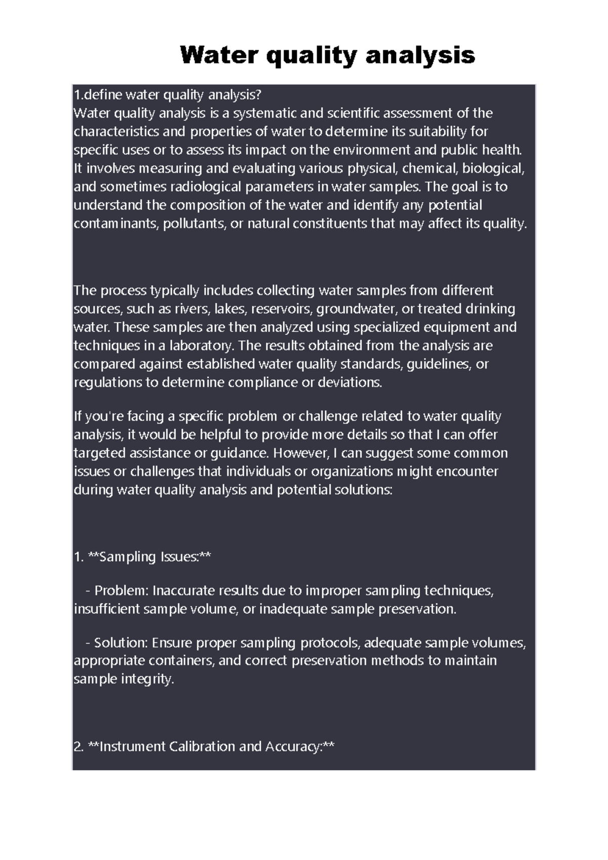 Water Quality Analysis: Methods, Challenges, and Key Components - Studocu