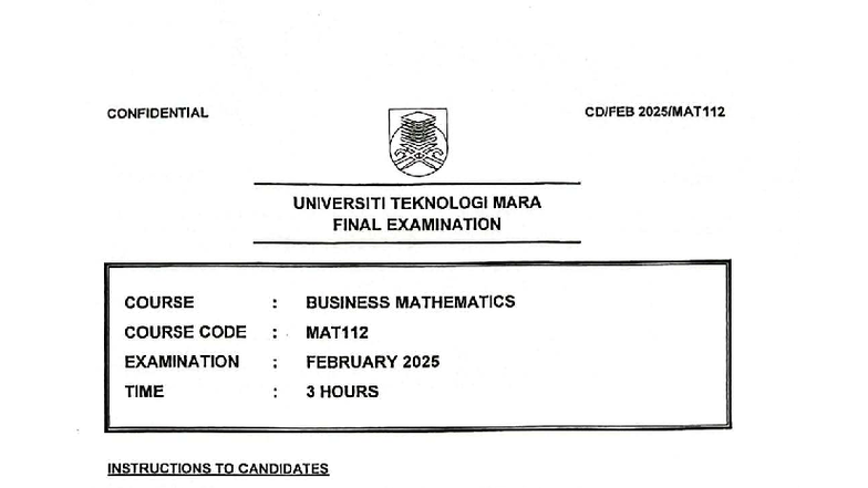 MAT112 Final Exam Paper: Business Mathematics - Feb 2025 - Studocu