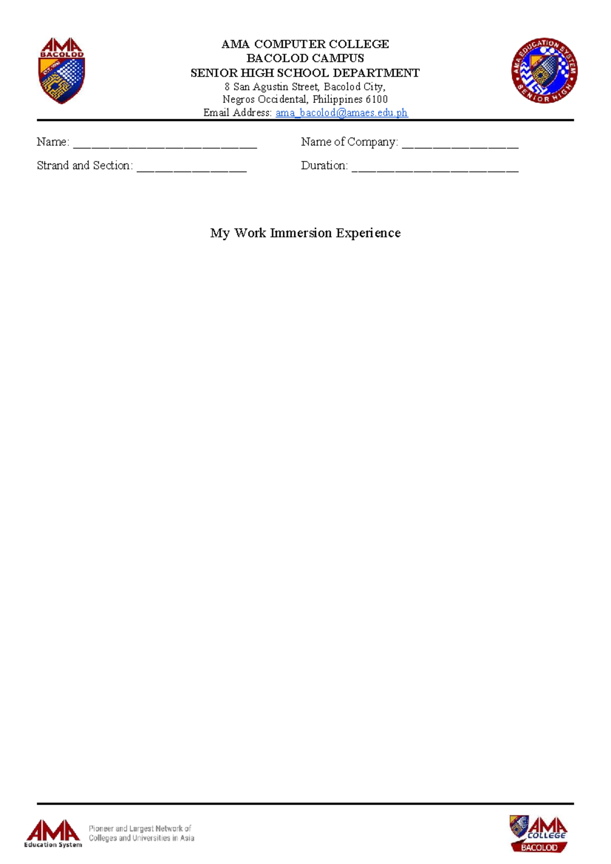 Shswi Reflection Essay - Ama university - AMA COMPUTER COLLEGE BACOLOD ...
