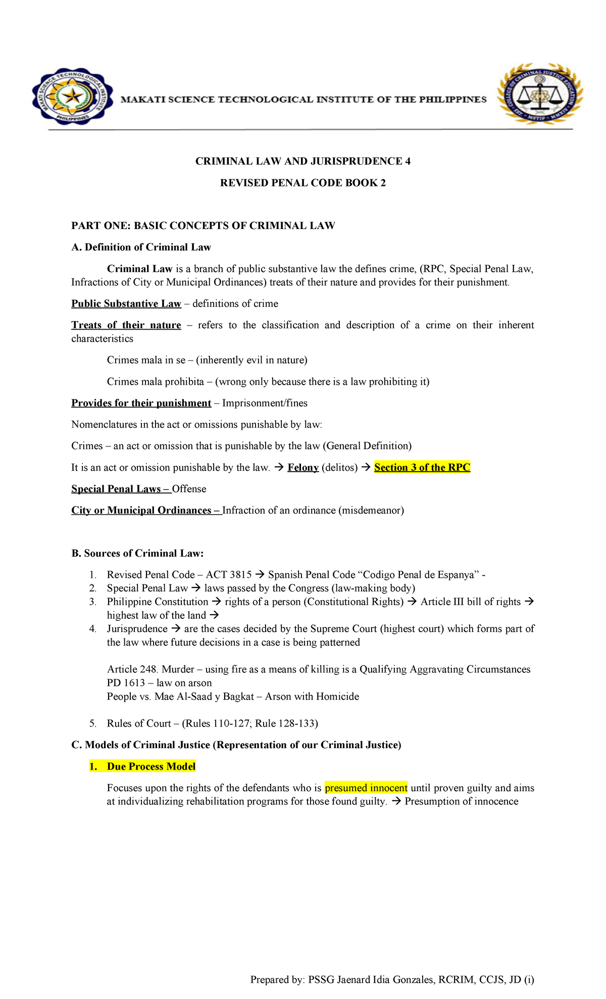 CLJ 4 FINAL EXAM - Basic Concepts of Criminal Law and Jurisprudence ...