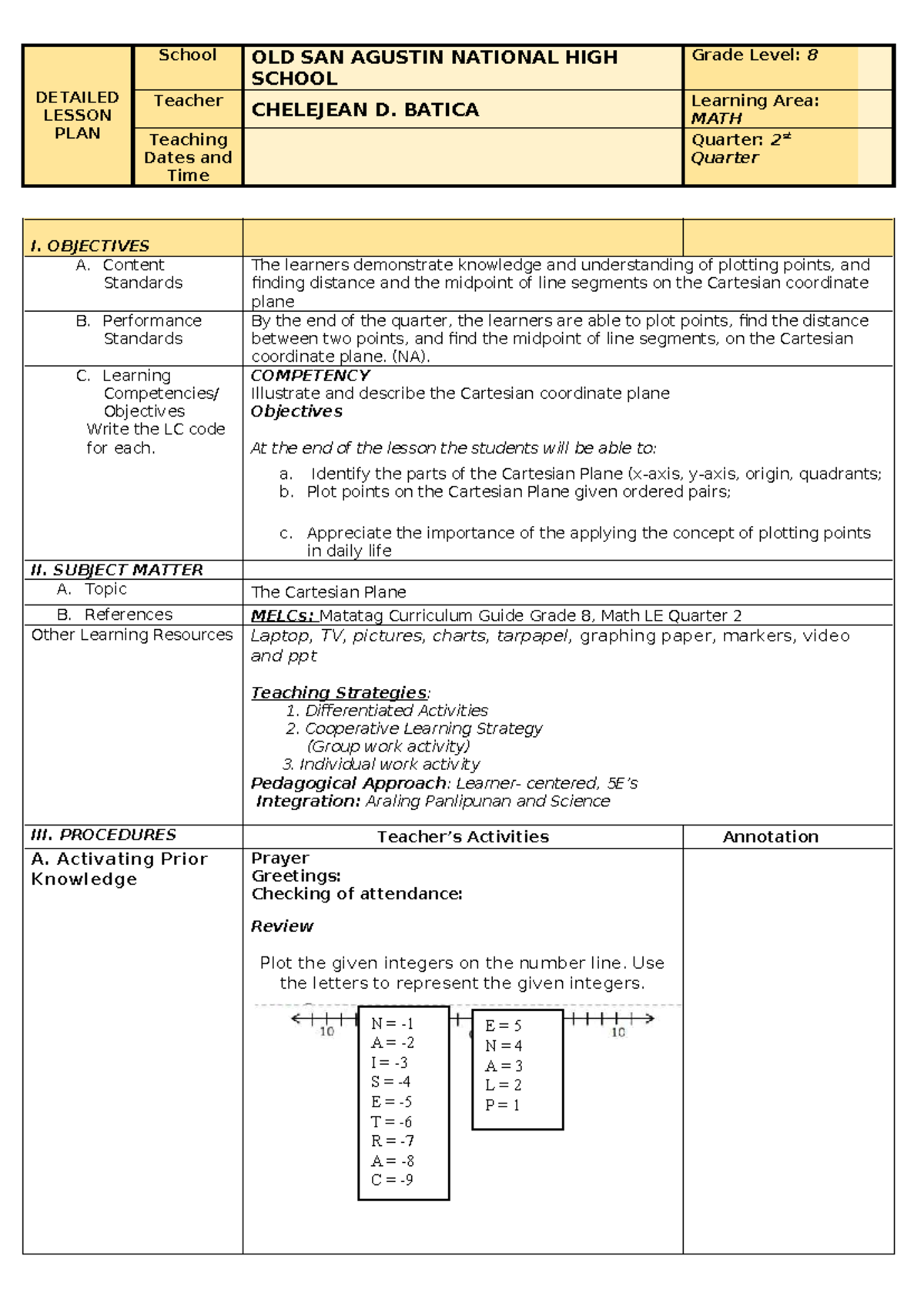 Math 8 Q2 Detailed Lesson Plan on Cartesian Plane - Batica - Studocu