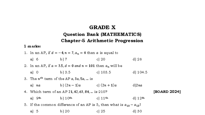 Chapter 5: Arithmetic Progression Question Bank (GRADE X) - Studocu