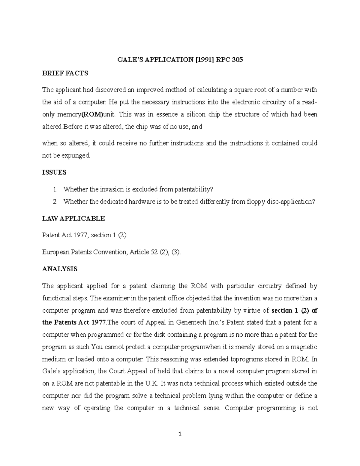 GALE'S Application Analysis: Patentability of Computer Programs - Studocu