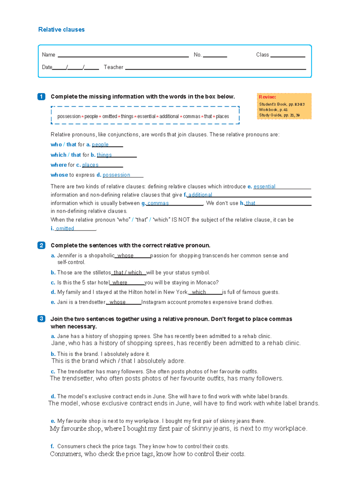 Relative Clauses Worksheet 11: Grammar Practice and Exercises - Studocu