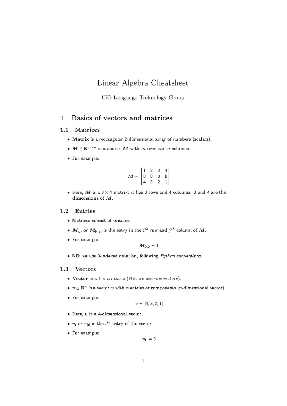 Linear Algebra Cheatsheet UiO: Vectors and Matrices Basics - Studocu