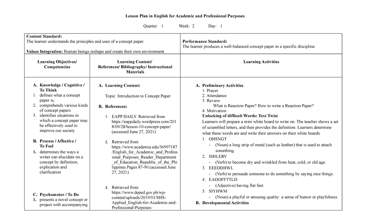 EAPP Lesson Plan: Understanding and Crafting a Concept Paper - Studocu