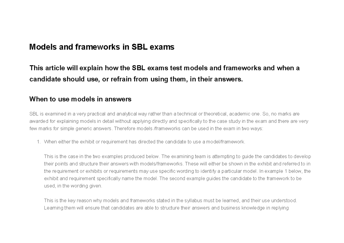 SBL Exam Strategies: Using Models & Frameworks Effectively - Studocu