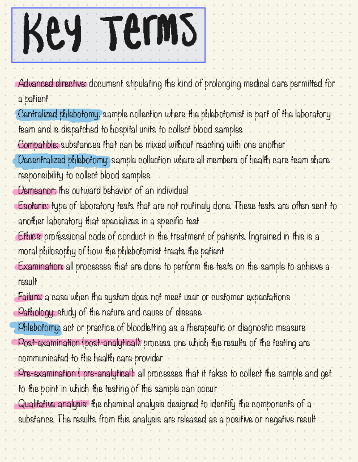 Phlebotomy Class 6: Key Terms and Concepts for Advanced Practice - Studocu