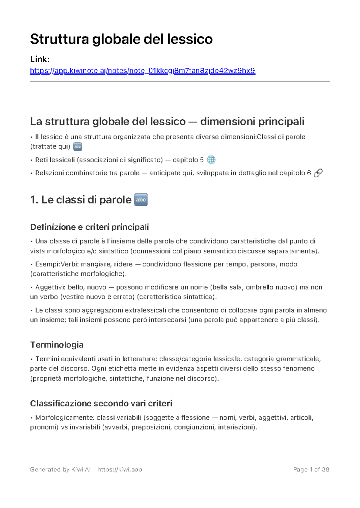 Struttura Globale del Lessico: Classi e Relazioni di Parole - Studocu