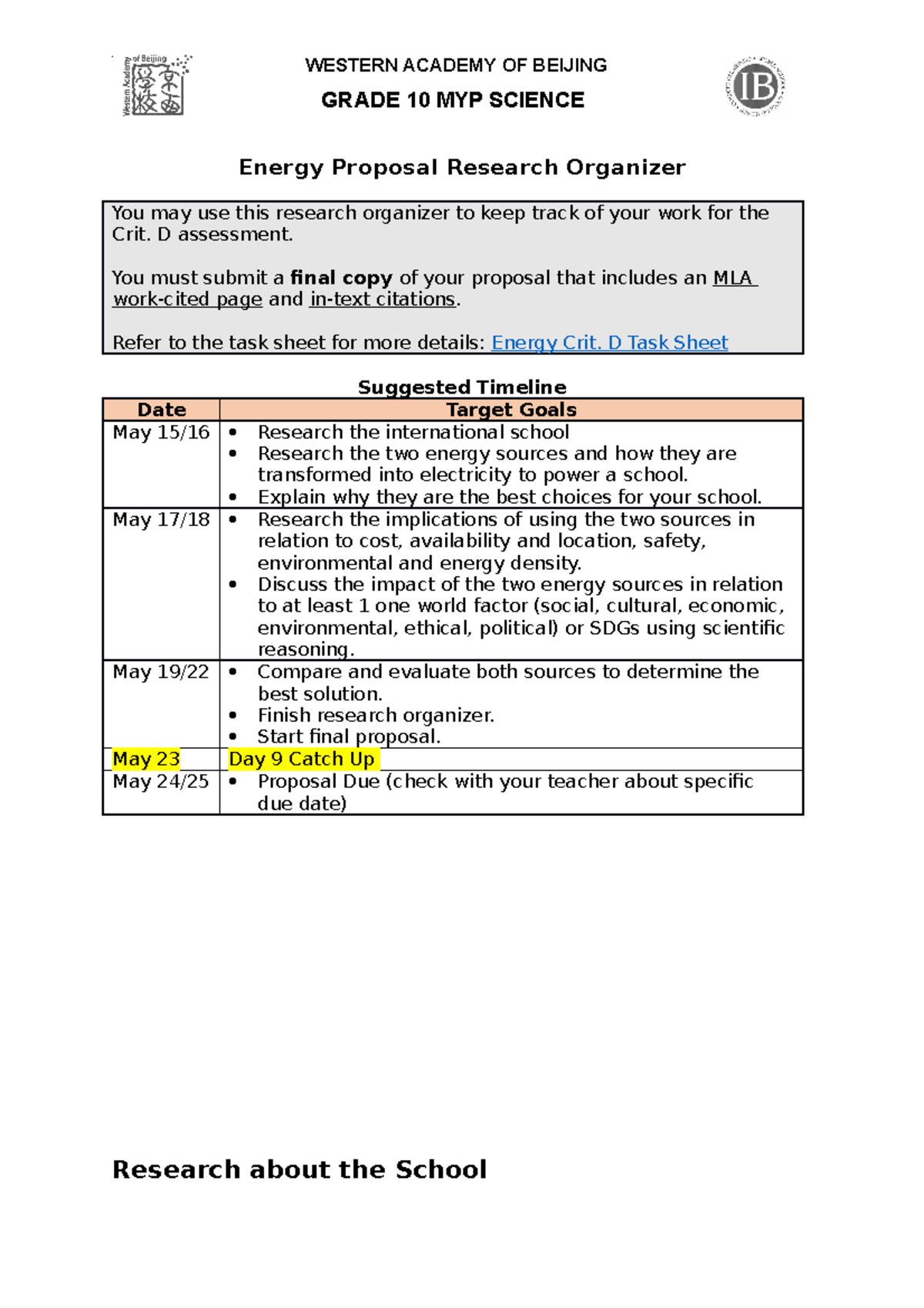 Energy Proposal Research Organizer - G10 MYP Science 85HFTr - Studocu