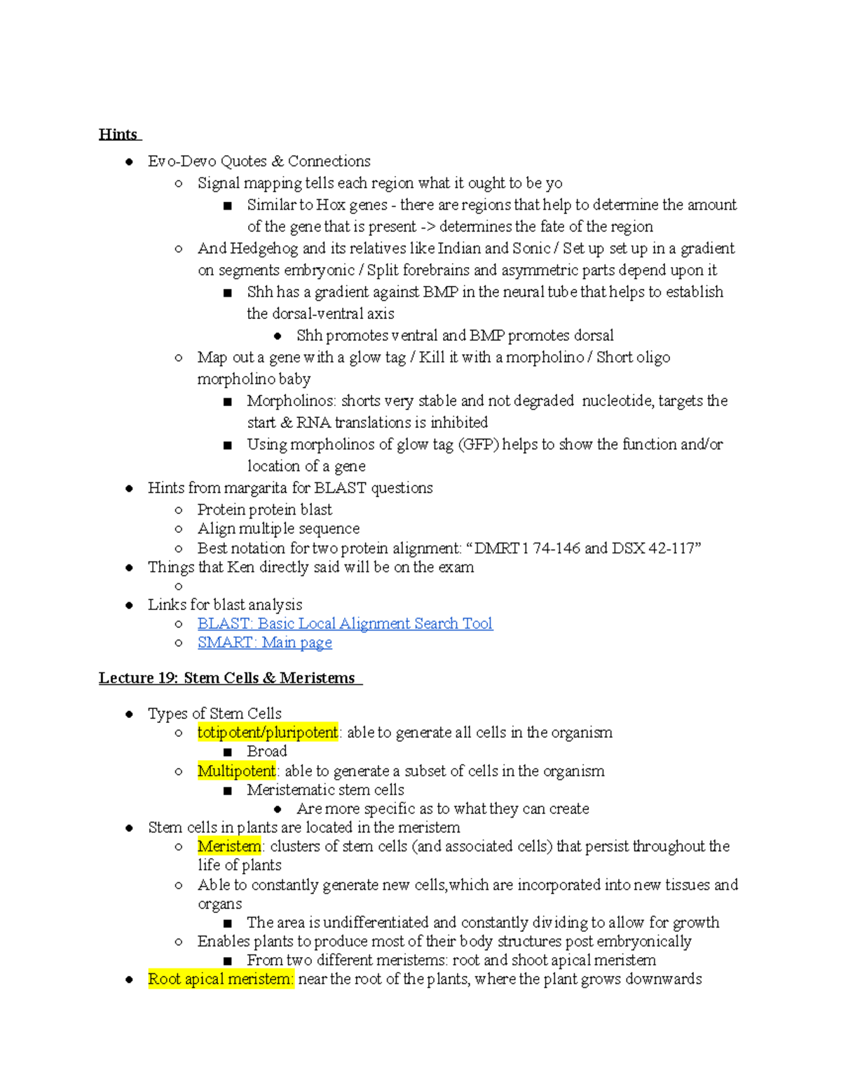 Developmental Biology Exam 3 Review - Lecture Summaries by Prof. Ken ...
