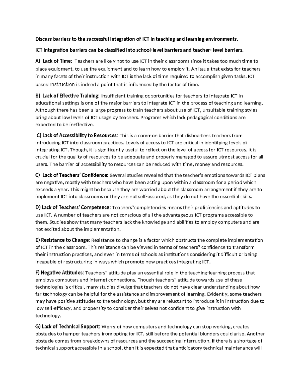Barriers to ICT Integration in Teaching: Challenges and Solutions - Studocu