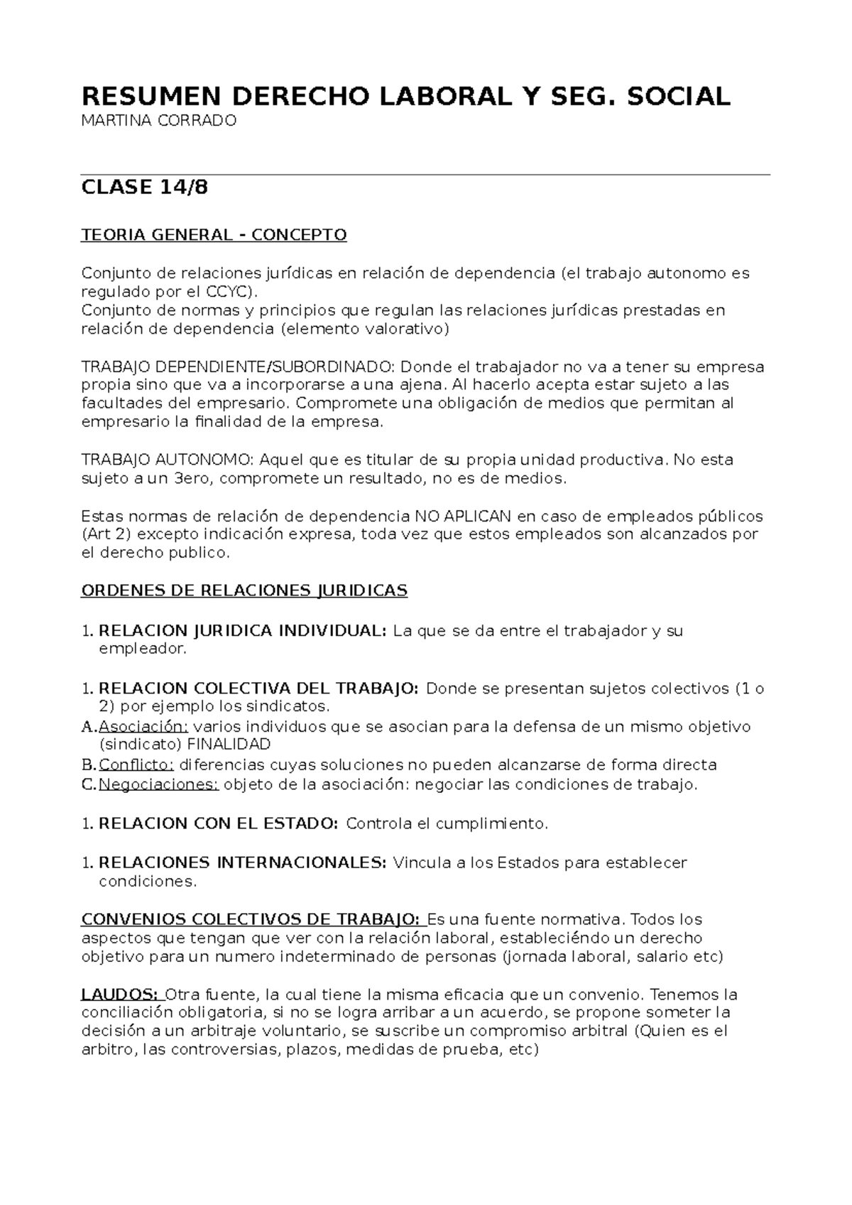 Resumen de Derecho Laboral y Seguridad Social - Clase Teoría General ...