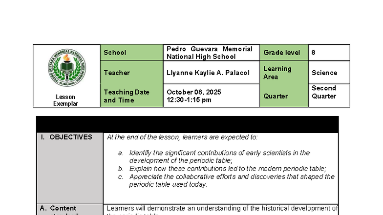 The Periodic Table: Detailed Lesson Plan for Science 8 - Studocu