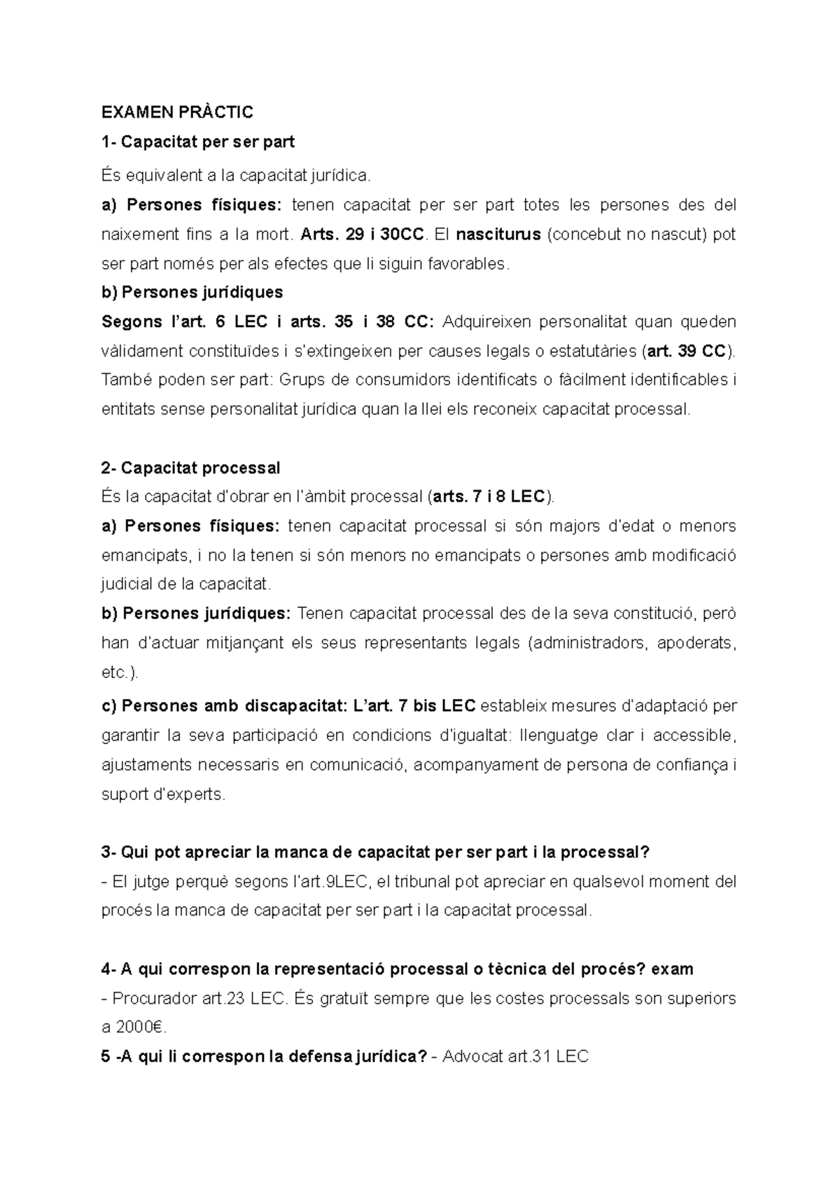 EXAMEN PRÀCTIC: Capacitat per ser part i processal en dret civil - Studocu