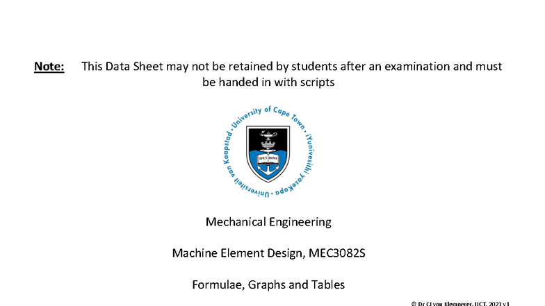MEC3082S Mechanical Engineering Machine Element Design Data Sheet 2025 ...