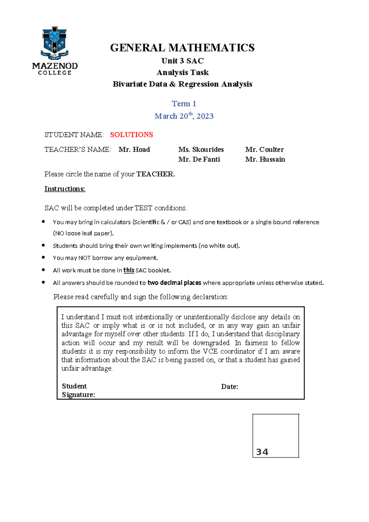 2023 GENERAL MATHEMATICS Unit 3 SAC Bivariate Data Regression Analysis ...