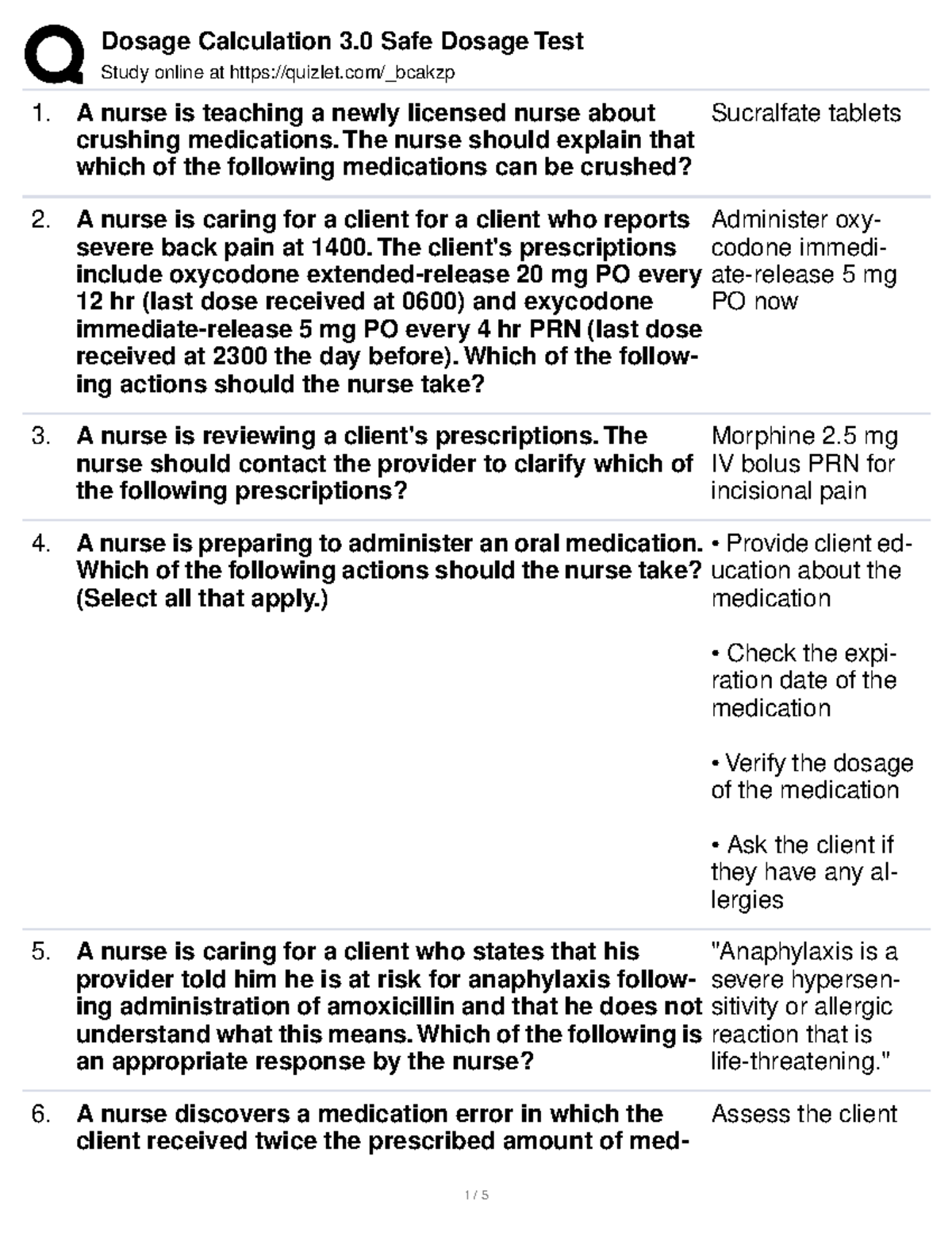 Safety dosage - notes - Study online at quizlet/_bcakzp A nurse is ...