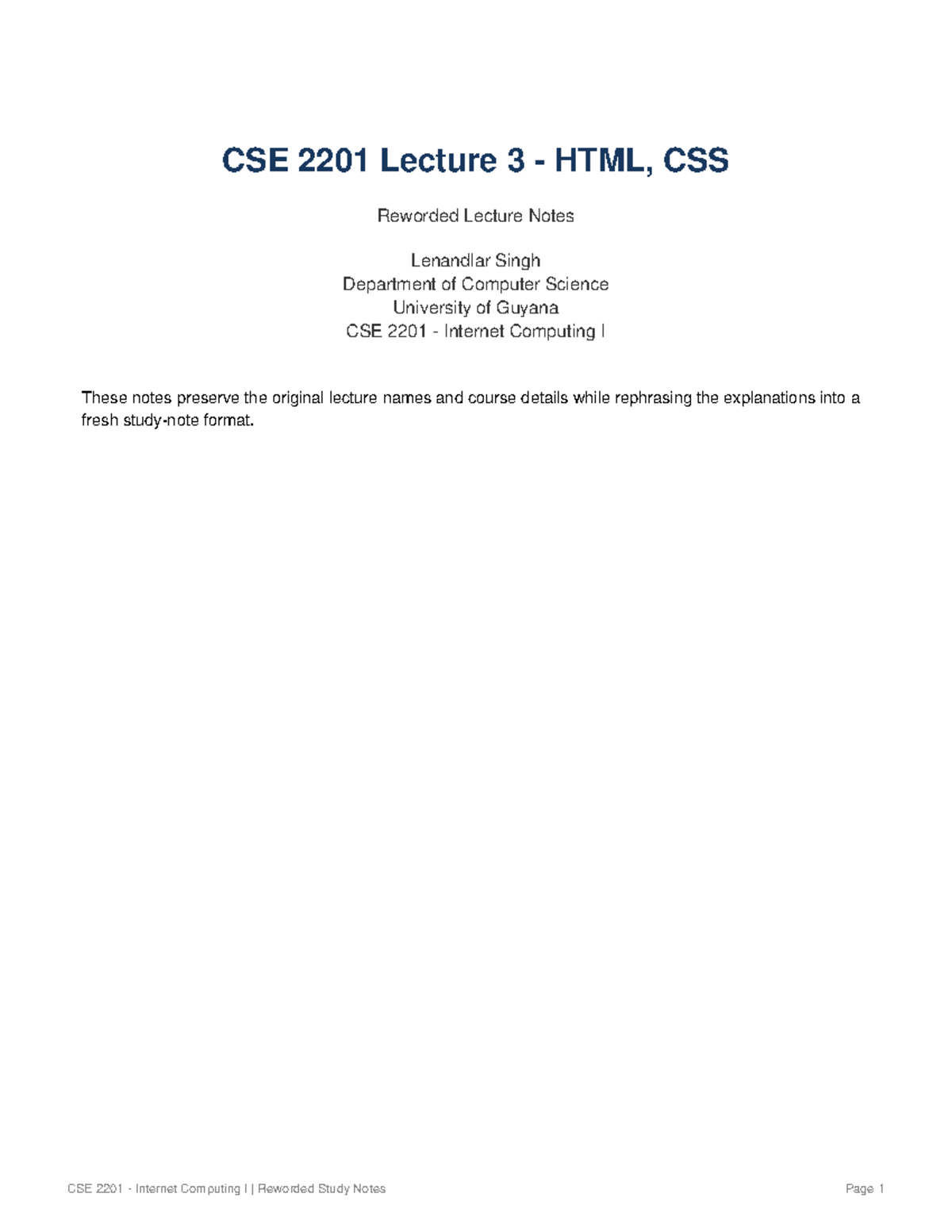 CSE 2201 Lecture 3 Reworded Notes on HTML & CSS Basics - Studocu