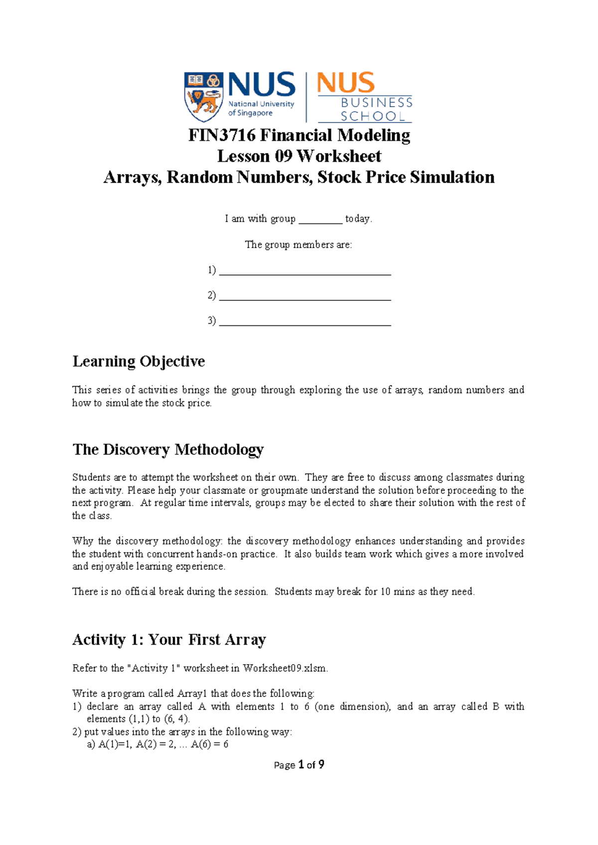 FIN3716 Financial Modeling Lesson 09: Arrays, Random Numbers & Stock ...