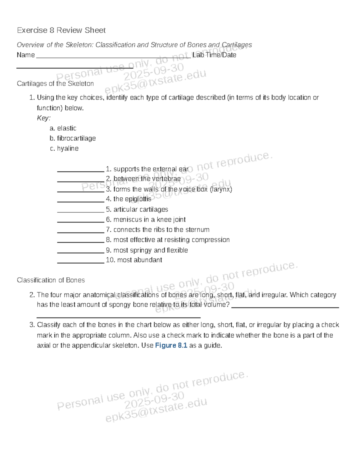 Exercise 8 Review Sheet: Cartilages and Bone Classification - Studocu
