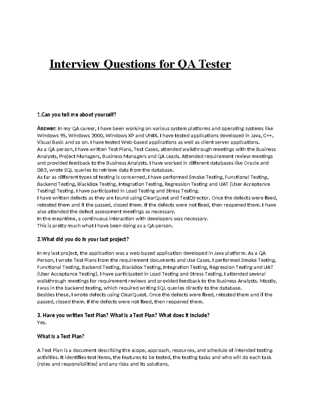 QA Tester Interview Questions & Answers (CSE 101) - Studocu