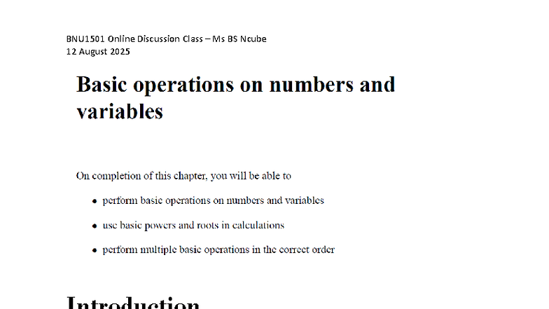BNU1501 Online Discussion: Basic Ops, Powers & Roots - Chapter 2 - Studocu