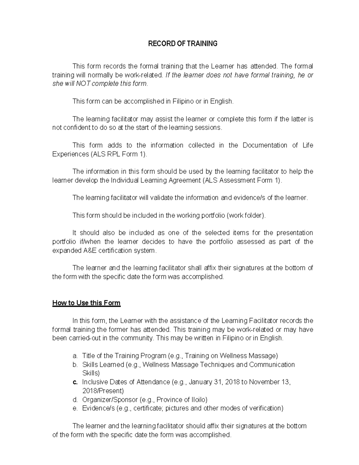 RPL Form 2 - Training Record & Usage Guidelines - Studocu