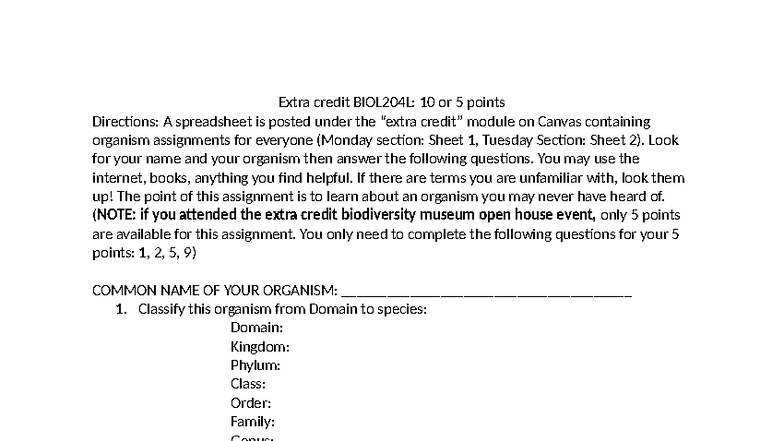 Extra Credit Assignment for BIOL204L: Organism Research Guide - Studocu