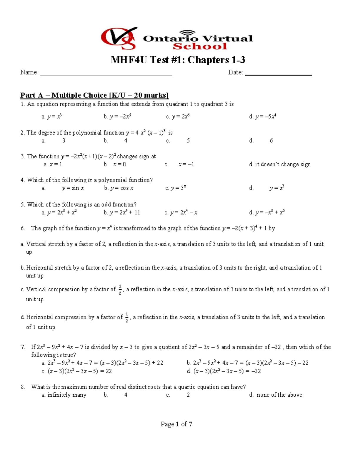 MHF4U Test 1: Multiple Choice and Short Answer Exam (2024) - Studocu