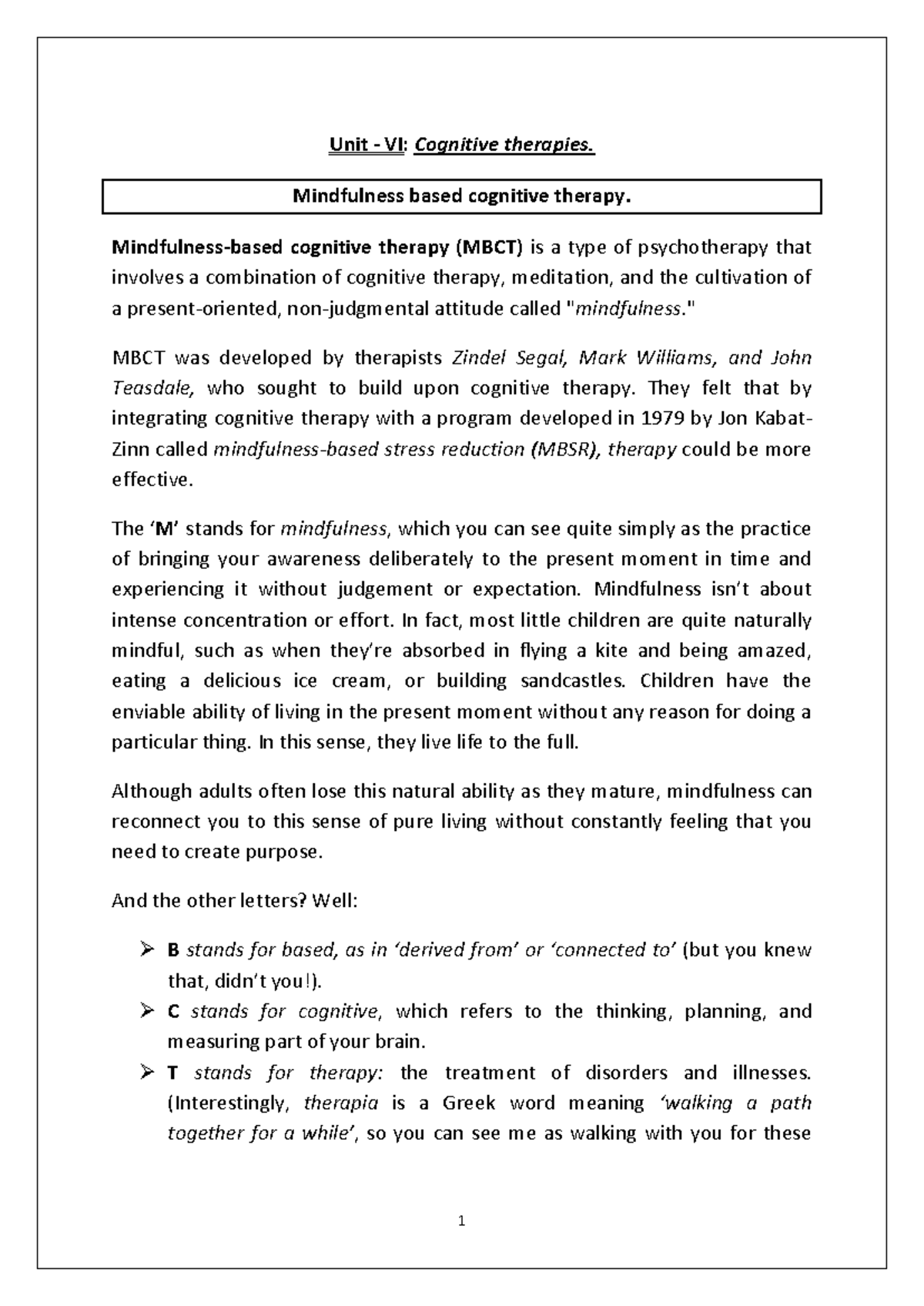 Unit VI: Mindfulness-Based Cognitive Therapy Overview and Techniques ...