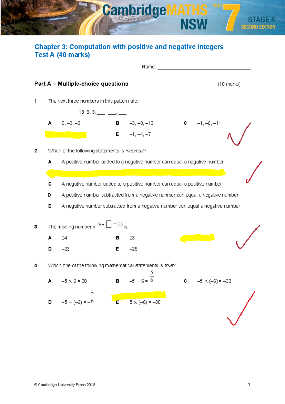 Chapter 3: Computation with Integers Test A (40 Marks) - Studocu