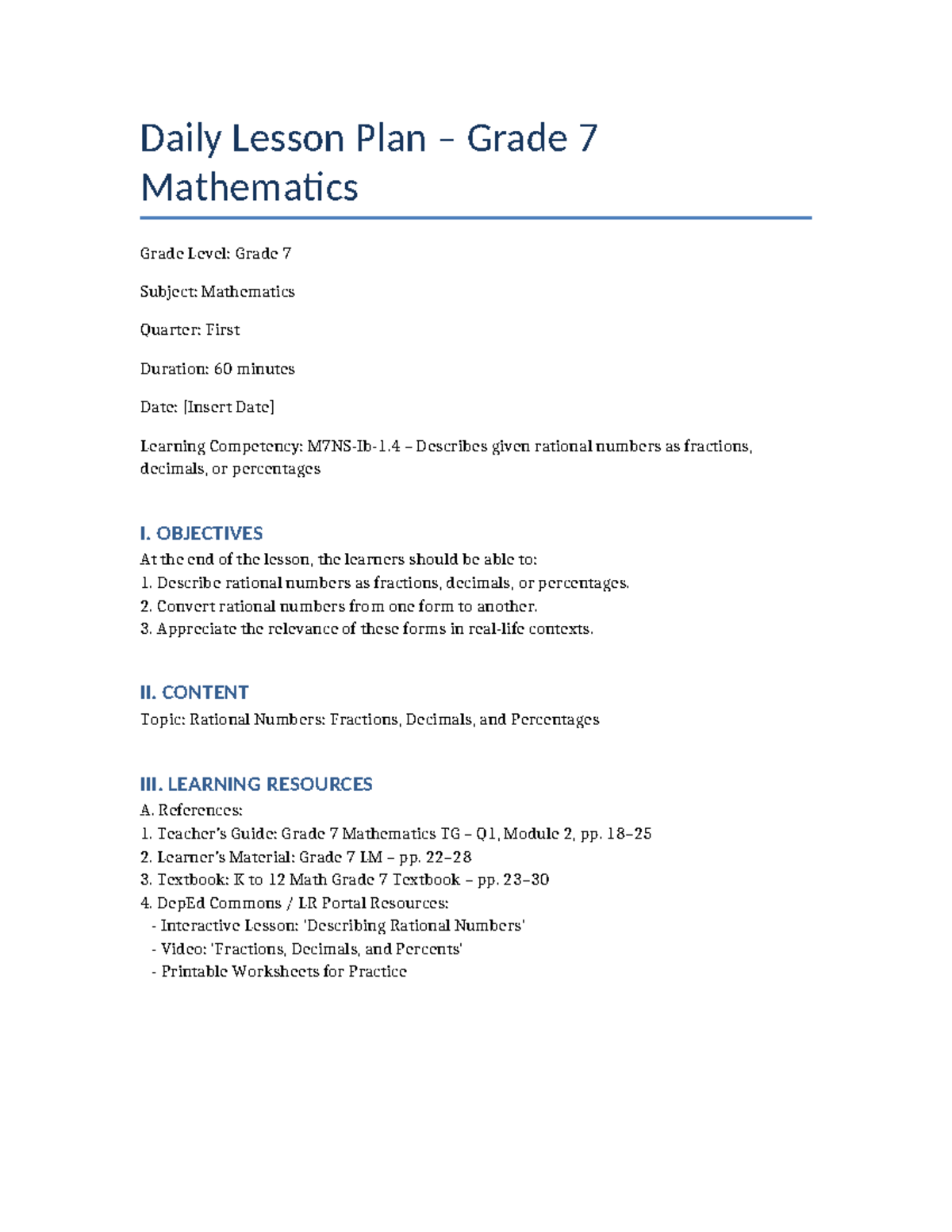 Grade 7 Math Daily Lesson Plan: Understanding Rational Numbers - Studocu