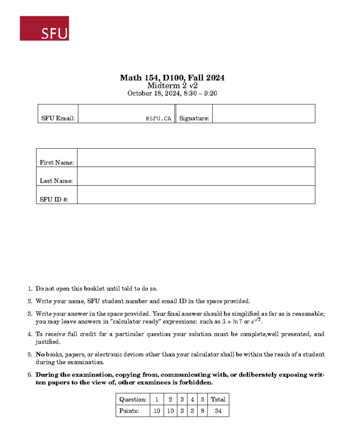 Math 154, D100, Fall 2024 Midterm 2 Exam Instructions and Questions ...