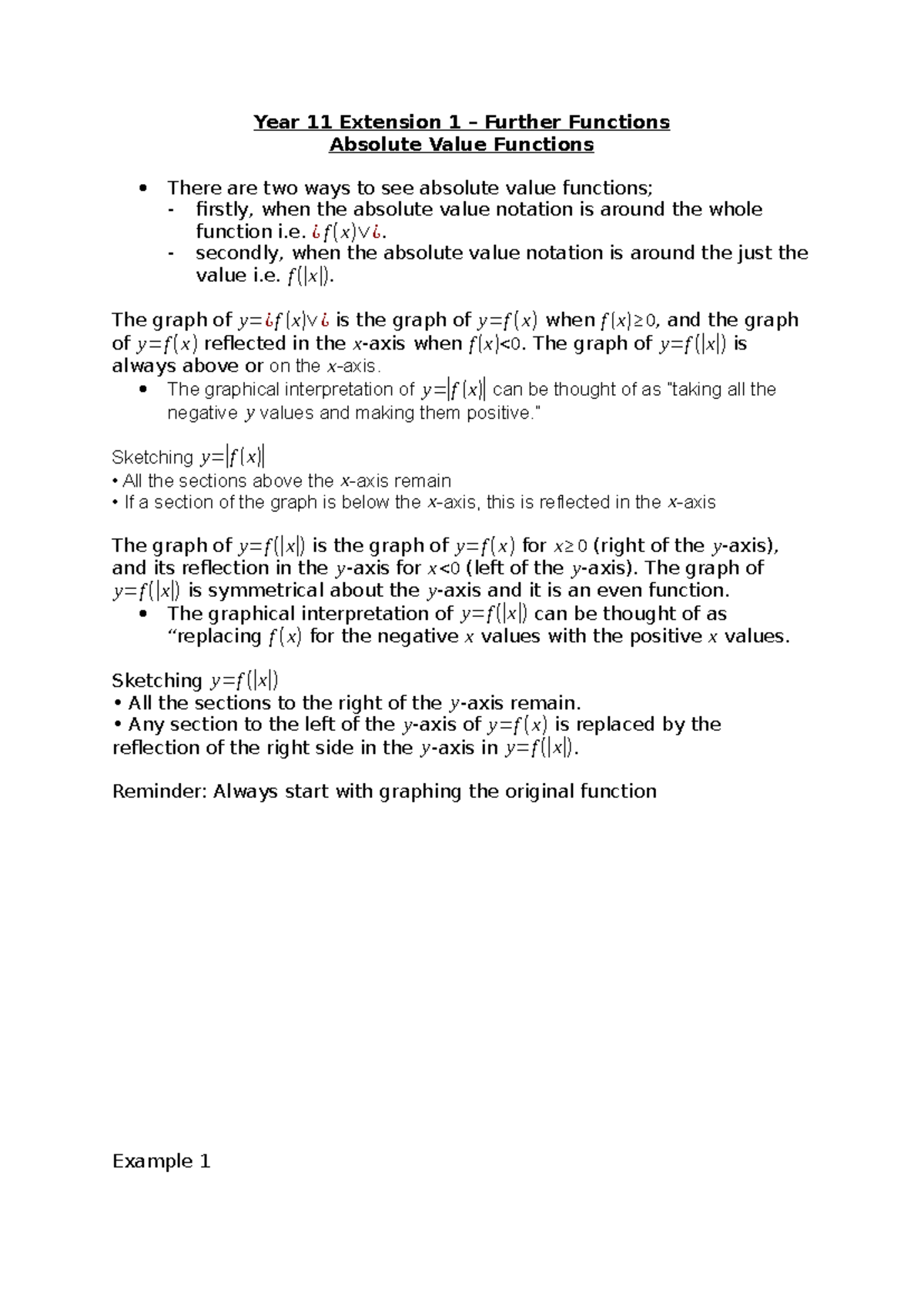 Year 11 Ext 1 Notes: Absolute Value Functions Overview - Studocu