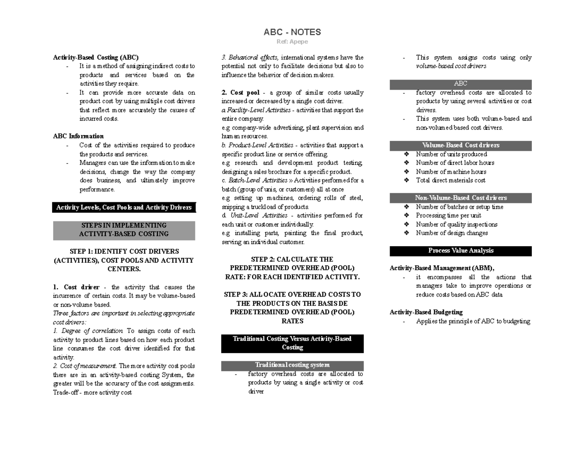 Activity-Based Costing Notes (ABC) for Improved Cost Management - Studocu