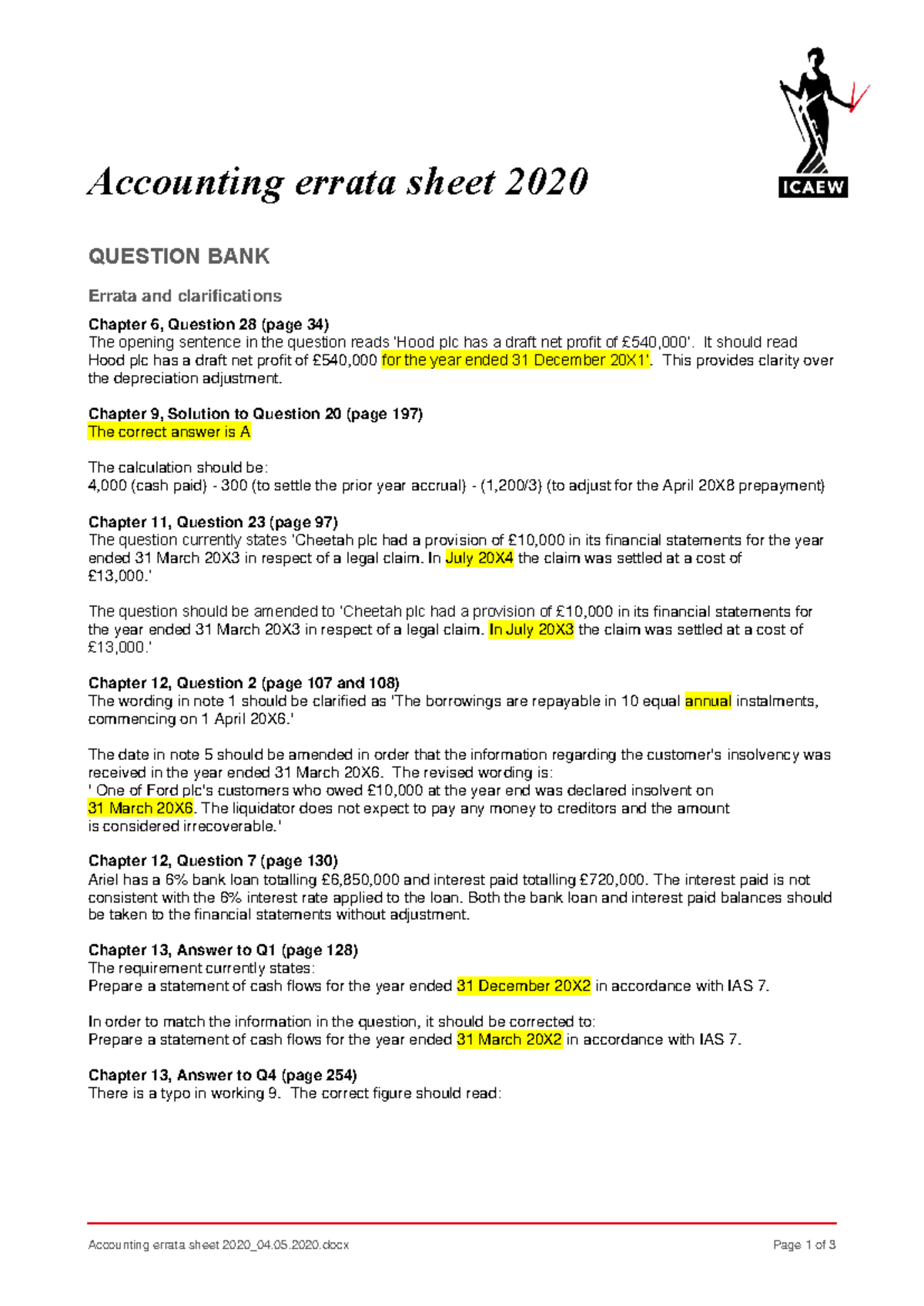 Accounting 2020 errata sheet - 05.2020 Page 1 of 3 Accounting errata ...