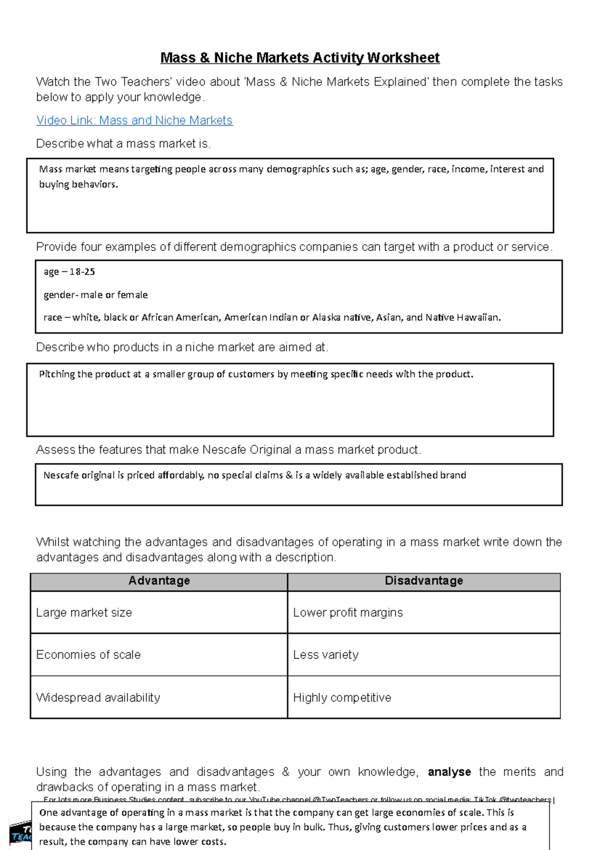 BUS 101: Mass & Niche Markets Activity Worksheet Analysis - Studocu