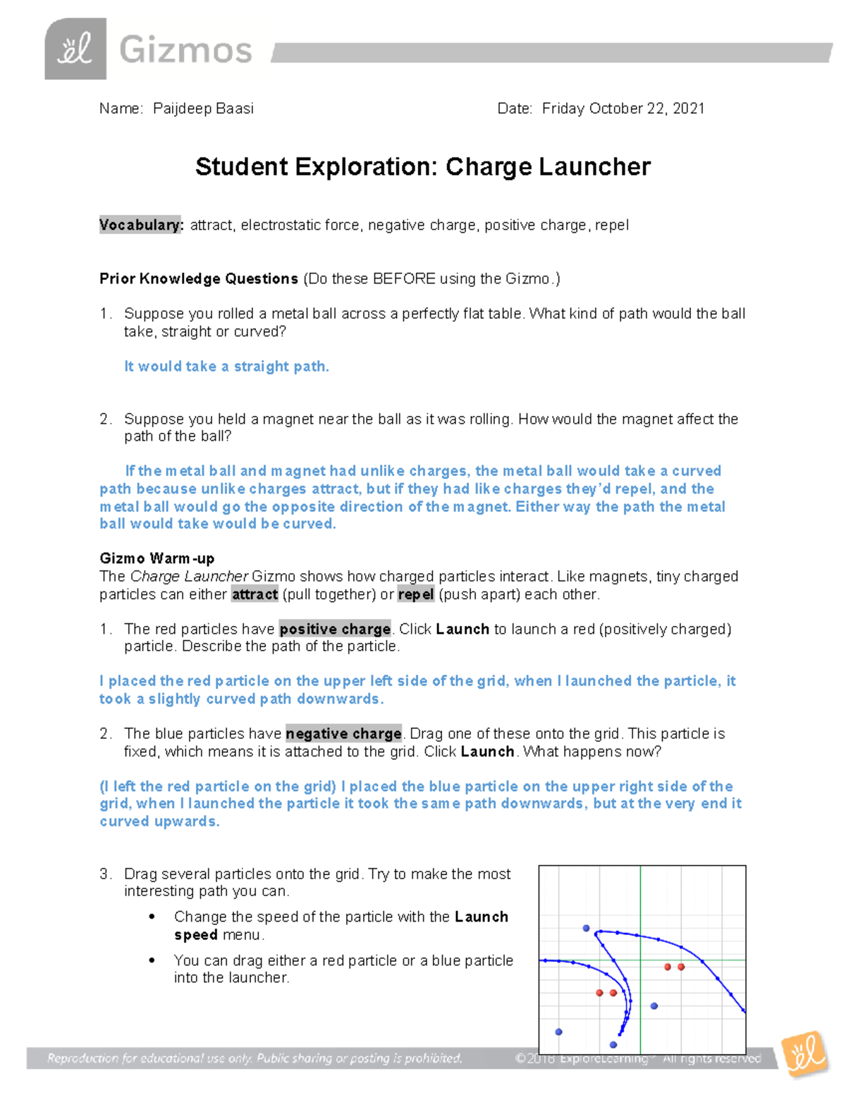 Charge Launcher Gizmo Worksheet: Student Exploration Activity - Studocu