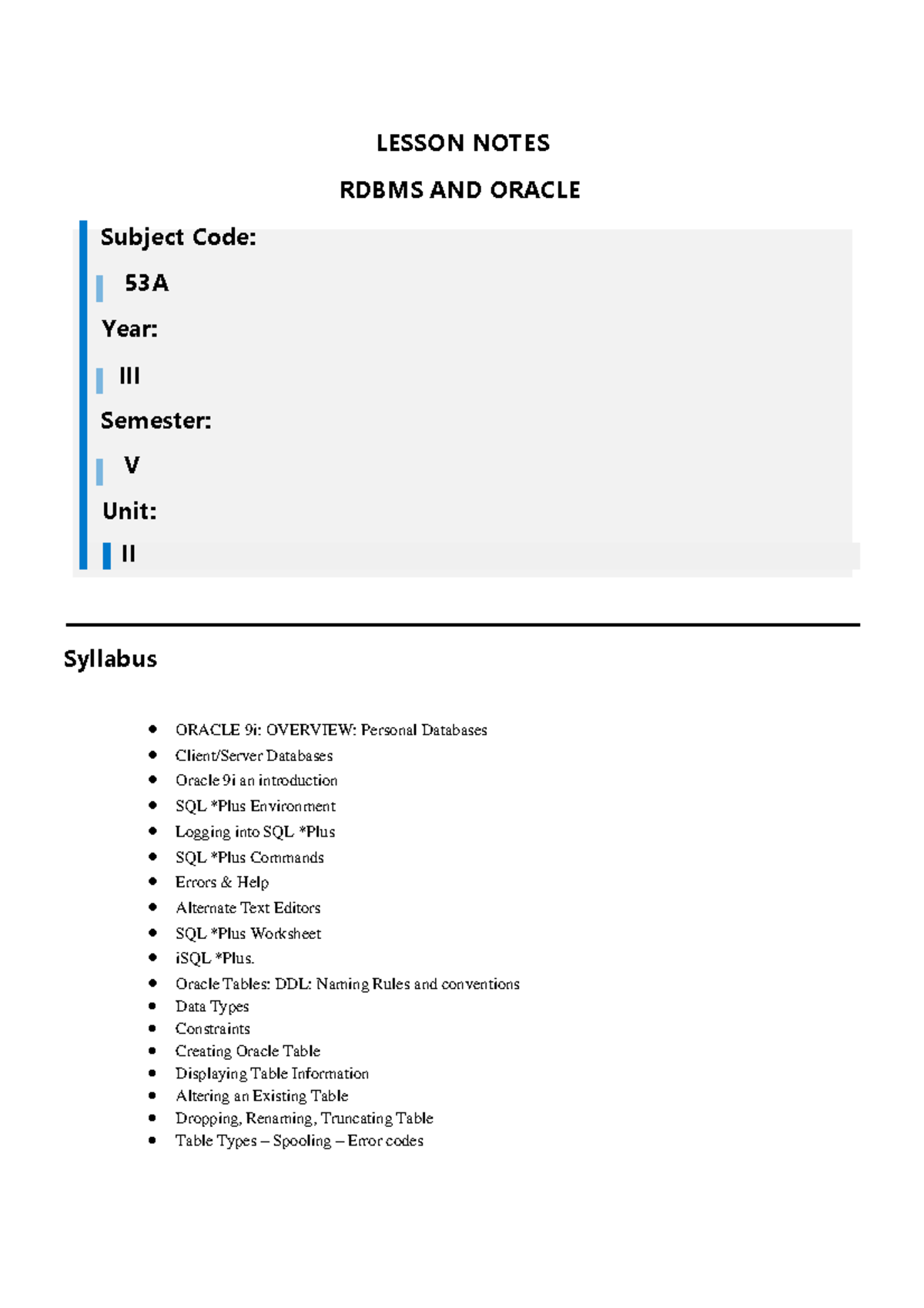 RDBMS & Oracle 9i Lesson Notes - Subject Code: 53A, Unit II - Studocu