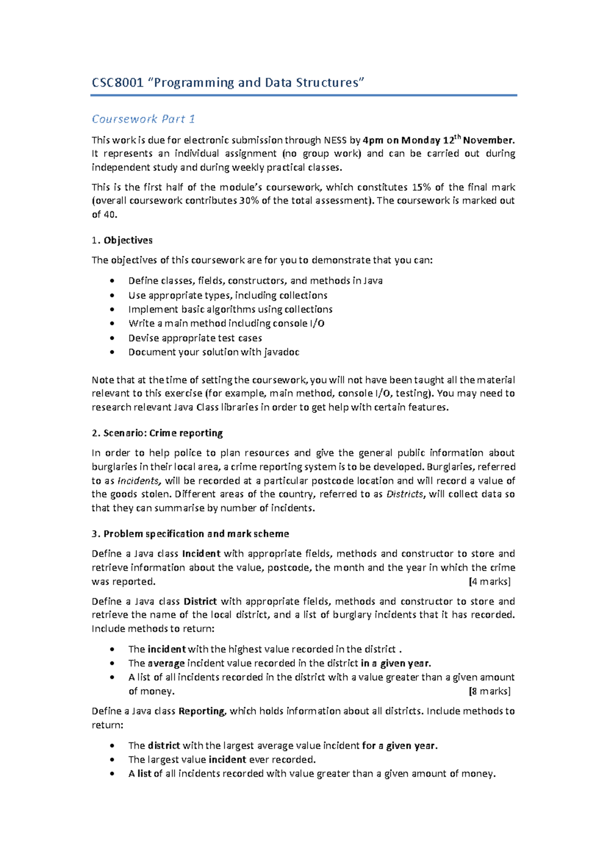 CSC8001 Coursework Part 1: Java Programming & Data Structures Assignm ...
