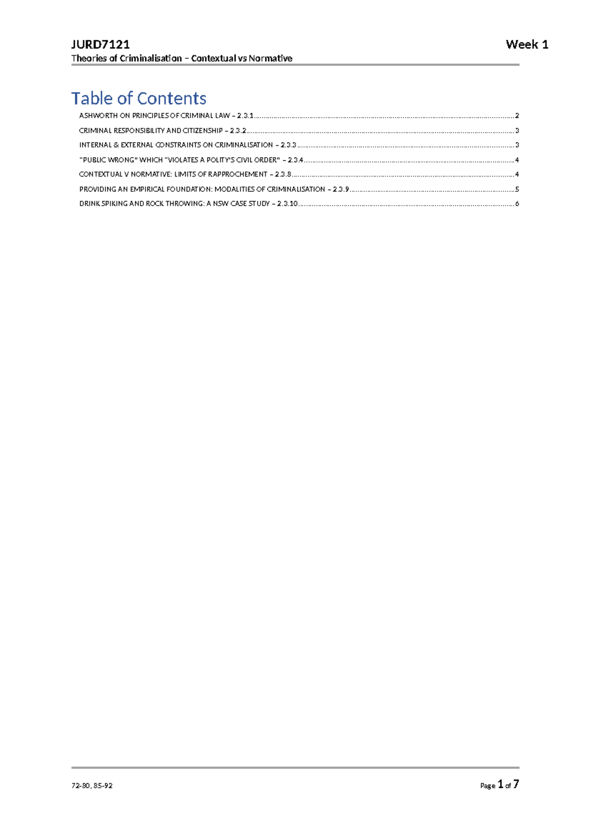 Week 1 Class 2 - Theories of Criminalisation - Theories of ...