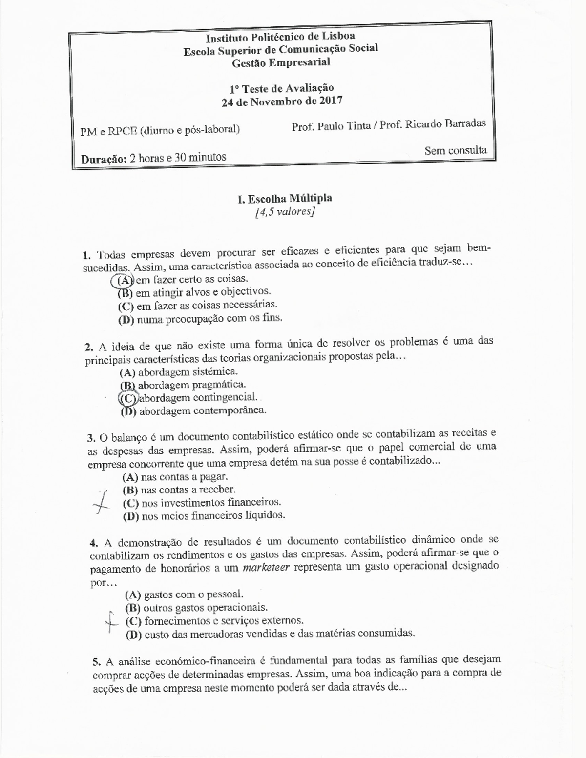 Teste de Avaliação de Gestão Empresarial PM e RPCE - 24 Nov 2017 - Studocu