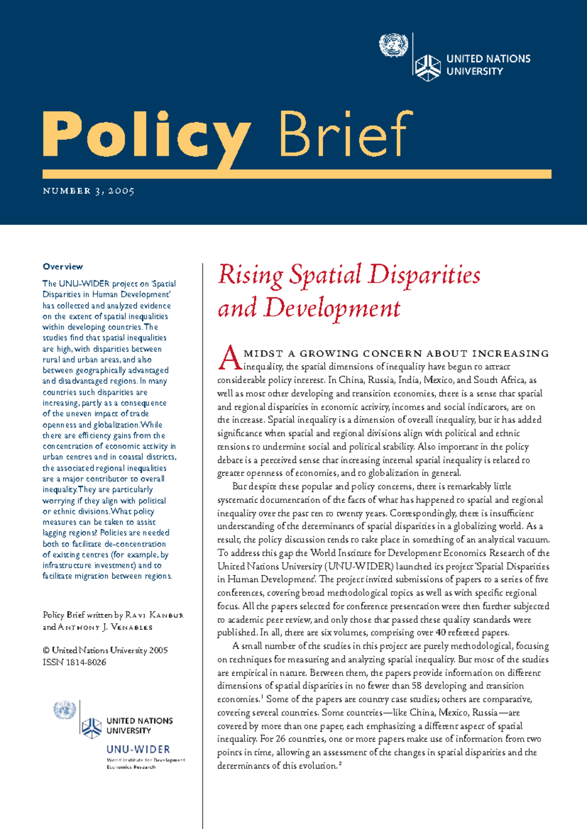 Rising Spatial Disparities in Development: A Policy Brief (2005) - Studocu