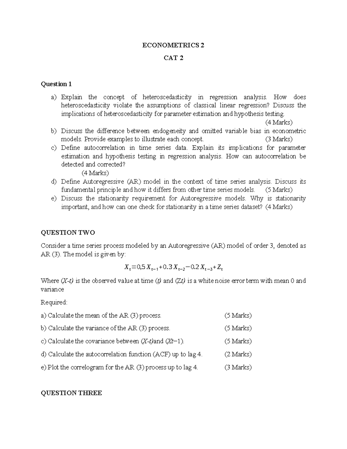 Econometrics 2: CAT 2 Examination on Regression Analysis Concepts - Studocu
