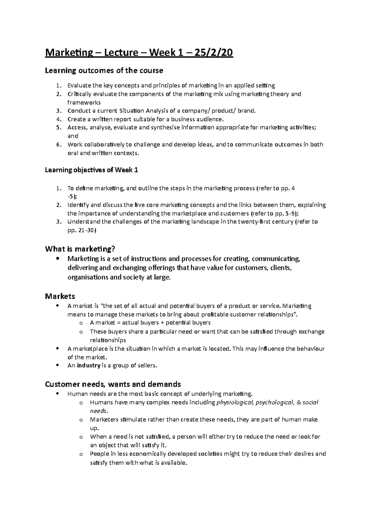 Marketing - lecture notes - week 1 - Marketing – Lecture – Week 1 – 25 ...