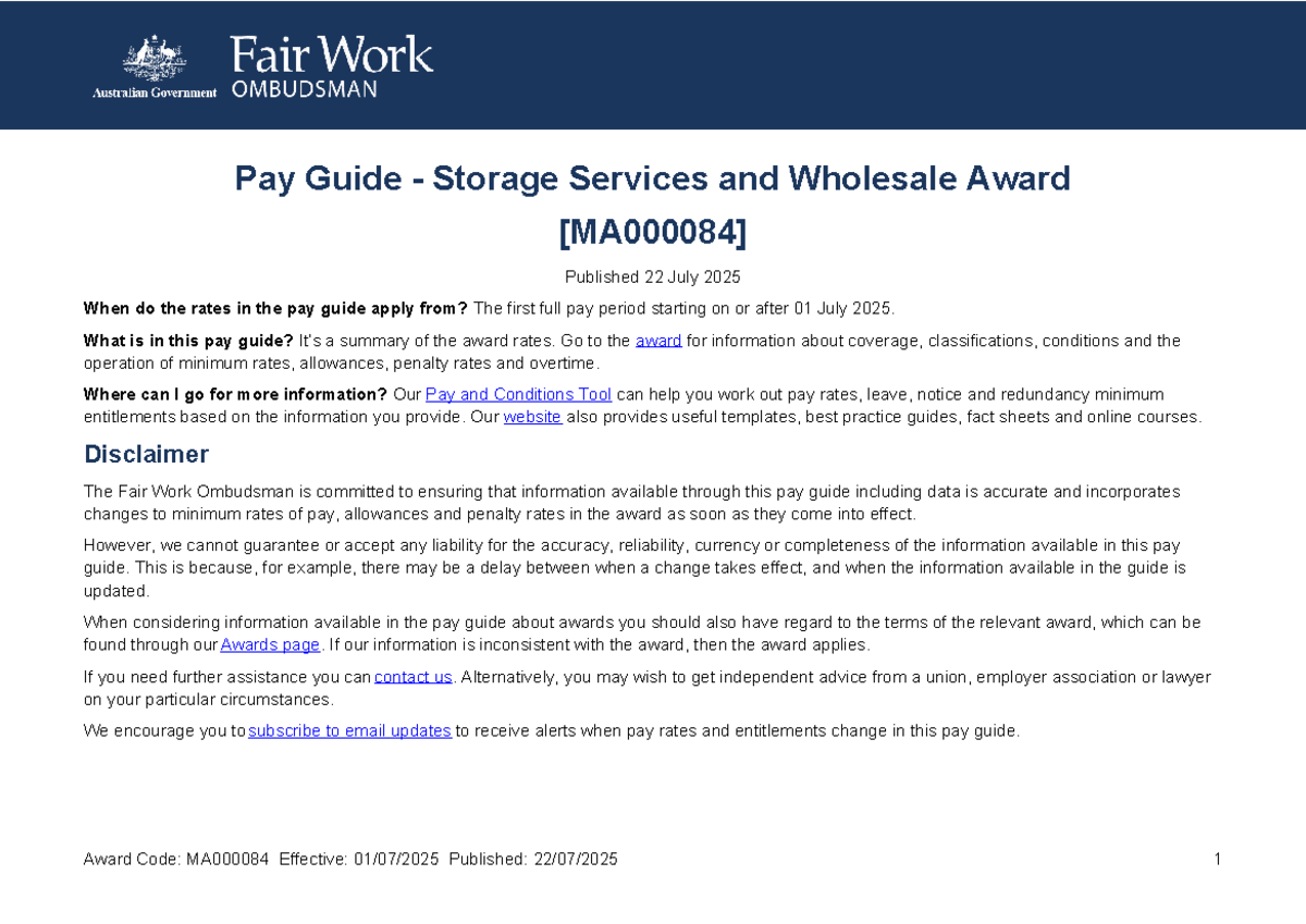 Pay Guide MA000084: Storage Services & Wholesale Award Rates (Effective ...